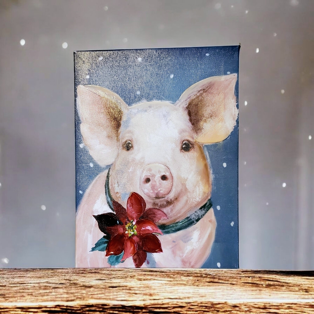 Charming Pig Canvas Art with Poinsettia Flower 6" X 8" Unframed